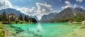 Panorama of Lake dobbiaco, Dolomites mountain Royalty Free Stock Photo