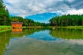 Panorama Lake of Fie in summer at the Sciliar Alpe di Siusi Dolomites north Italy