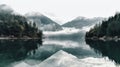 Panorama of the lake on a foggy morning mountains. Generative AI.