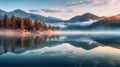 Panorama of the lake on a foggy morning mountains. Generative AI.