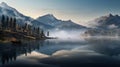 Panorama of the lake on a foggy morning mountains. Generative AI.