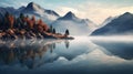 Panorama of the lake on a foggy morning mountains. Generative AI.