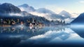 Panorama of the lake on a foggy morning mountains. Generative AI.