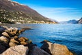 Panorama of Lake Garda (Italy) near the town of Malcesine. Royalty Free Stock Photo