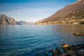 Panorama of Lake Garda (Italy) near the town of Malcesine. Royalty Free Stock Photo