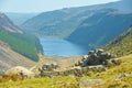 Panorama of Lake Lough Tay or The Guinness Lake. County Wicklow, Wicklow Mountains National Park, Ireland. Royalty Free Stock Photo