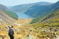 Panorama of Lake Lough Tay or The Guinness Lake. County Wicklow, Wicklow Mountains National Park, Ireland.