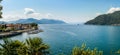 Panorama of lake Maggiore with Maccagno pier in a sunny day, province of Varese, Italy