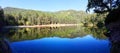 Panorama of the lake and pine forest. Trees are reflected in the water. Royalty Free Stock Photo