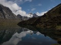 Panorama lake reflection of Cordillera Huayhuash Circuit mountain range in Laguna Siula andes Huanuco Peru South America