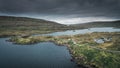 Lake Toftavatn with hiking trail from above, Runavik, Eysturoy, Faroe Islands Royalty Free Stock Photo