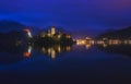 Panorama of lake and town Bled at the night Royalty Free Stock Photo