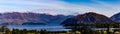 Panorama Lake Wanaka with backdrop of the Southern Alps , in Wanaka, Otago, South Island, New Zealand Royalty Free Stock Photo