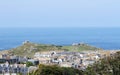 A panorama of Land`s End in Cornwall, takes from Saint Ives. On the right, the First and Last refreshments house in England. Royalty Free Stock Photo