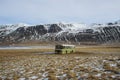 Panorama landscape of abandoned forgotten remote rural idyllic isolated magic bus schoolbus in Hunavatn Northern Iceland