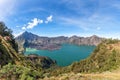 Panorama landscape of active volcano Baru Jari, Lake Segara Anak and summit of Rinjani mountain. Lombok island, Indonesia Royalty Free Stock Photo