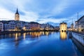 Panorama landscape along Limmat river in twilight sunset with background.Blue sky in the evening. Royalty Free Stock Photo