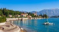 Panorama landscape on beatiful Lake Como in Tremezzina, Lombardy, Italy. Scenic small town with traditional houses and clear blue