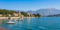Panorama landscape on beatiful Lake Como in Tremezzina, Lombardy, Italy. Scenic small town with traditional houses and clear blue