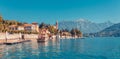 Panorama landscape on beatiful Lake Como in Tremezzina, Lombardy, Italy. Scenic small town with traditional houses and clear blue