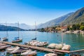 Panorama landscape on beatiful Lake Como in Tremezzina, Lombardy, Italy. Scenic small town with traditional houses and clear blue