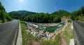 Panorama landscape of beautiful White river in caucasian mountains in Adygea, Russia 23 Region Krasnodar Royalty Free Stock Photo