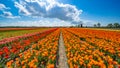 Panorama of landscape with blooming colorful tulip field, traditional dutch windmill and blue cloudy sky in Netherlands Holland , Royalty Free Stock Photo