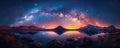 panorama landscape with colorful Milky way in starry night sky above peak of mountain and ocean waters Royalty Free Stock Photo