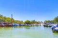 Panorama landscape Holbox boats port harbor Muelle de Holbox Mexico Royalty Free Stock Photo