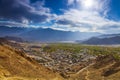 Panorama landscape of Ladakh city,India.Beautiful view from peak of Leh palace at sunset time. Royalty Free Stock Photo