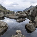 Panorama landscape with a lake in the mountains, huge rocks and stones on the coast and reflection of clouds