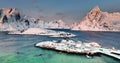 Panorama landscape of Lofote islands, Norway, Sakrisoy, Reine and Fredvang bridges