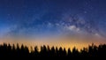 Panorama landscape with milky way, Night sky with stars and silhouette of pine tree