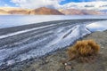 Panorama landscape of Pangong lake with mountain background under winter blue sky.