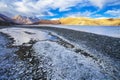 Panorama landscape of Pangong lake with mountain background under winter blue sky.Pangong tso with cloudy sky. Royalty Free Stock Photo
