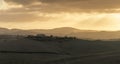 panorama landscape of rolling hills in Tuscany at sunrise with a cypress alley leading to a country estate in the distance Royalty Free Stock Photo