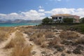 Panorama Landscape Scenic View Of A Villa On Rocky Deserted Dry Grass White Sand Beach With Blue Turquoise Sea Water And Sky With