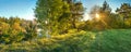 Panorama landscape with sun and forest and meadow