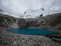 Panorama landscape view of andean alpine mountain lake Laguna 69 Cordillera Blanca Cebollapampa Huaraz Ancash Peru