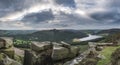 Panorama landscape view from Bamford Edge in Peak District towards Ladybower Reservoir and Win Hill.