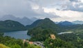 Panorama landscape view of Hohenschwangau Castle and Alpsee and Schwansee near Oberschwangau