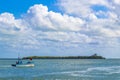 Panorama landscape view Holbox island with boat birds nature Mexico Royalty Free Stock Photo