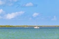 Panorama landscape view Holbox island turquoise water and boats Mexico Royalty Free Stock Photo