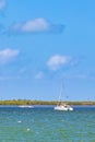 Panorama landscape view Holbox island turquoise water and boats Mexico Royalty Free Stock Photo