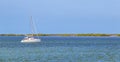 Panorama landscape view Holbox island turquoise water and boats Mexico Royalty Free Stock Photo