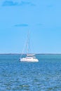 Panorama landscape view Holbox island turquoise water and boats Mexico Royalty Free Stock Photo