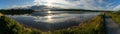 Panorama landscape view of the Inch Levels Wildfowl Reserve on Lough Swilly at sunset