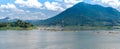 Panorama landscape view of Kaeng Khut Khu set of islets in the middle of Mae Khong River with mountain Royalty Free Stock Photo