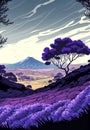 Panorama landscape with volcano view, flowers field, mountain and tree. Vertical digital illustration in purple tones Royalty Free Stock Photo