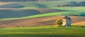 Panorama landscape with waves hills, autumn fields with mill. S Royalty Free Stock Photo